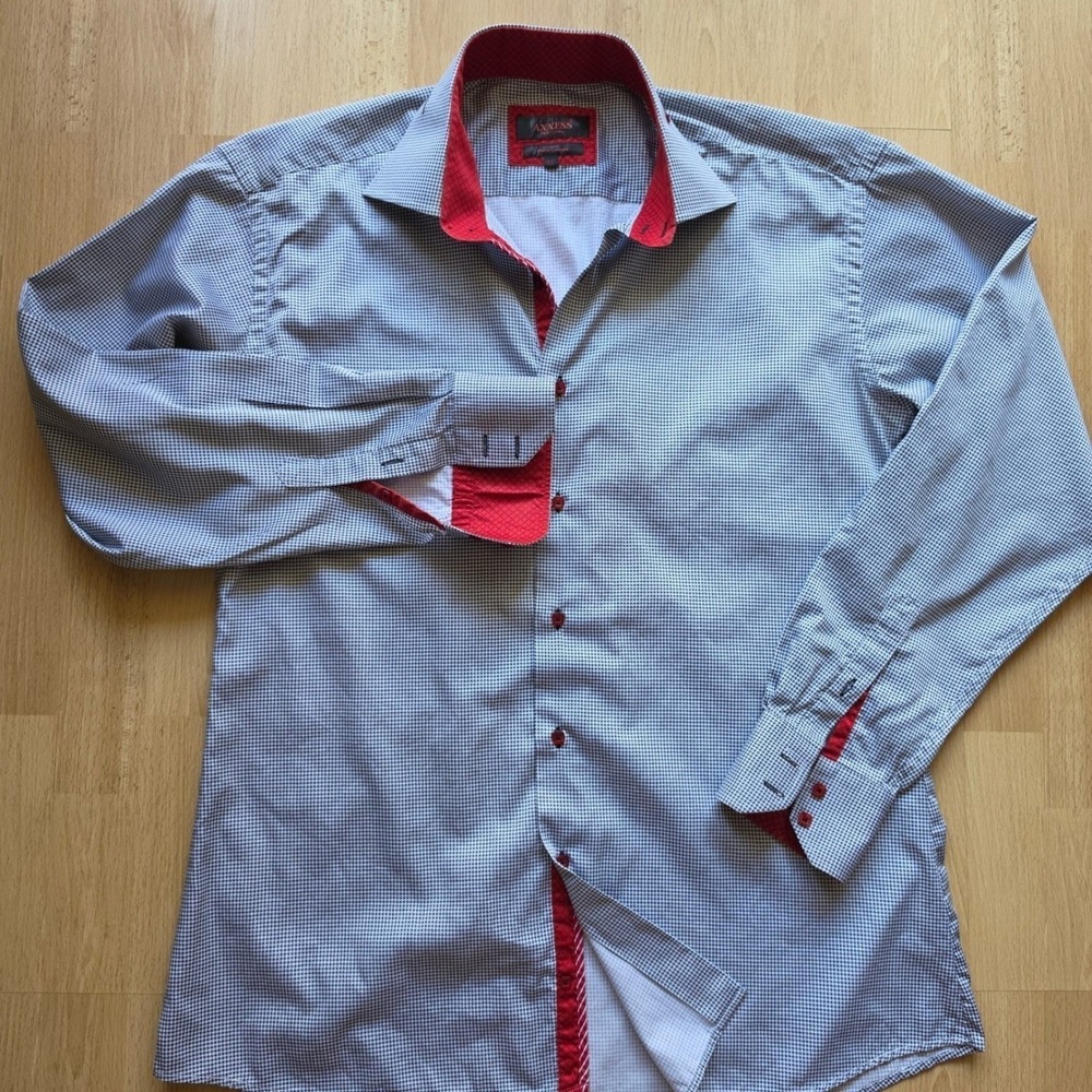 Axxess Mens XL Blue White Micro Houndstooth Button Down Shirt Red Contrast Trim